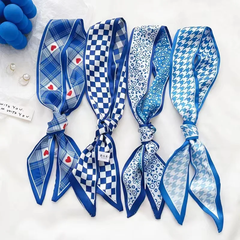 Ascot Neck Scarf - Klein blauwe zijden sjaal nieuwe schaakbordhoofdband